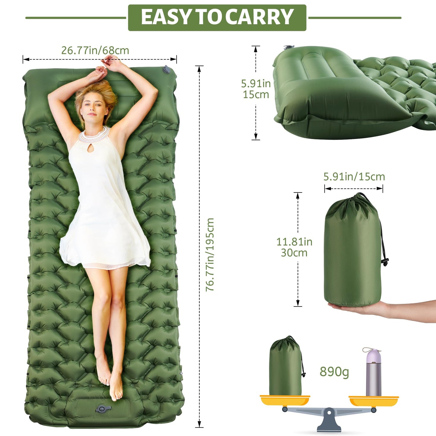 KUOGAS Self-Inflating Sleeping Pad, Extended and Thickened Camping Mattress, Air Pedal Air Pump Air Mattress, Ultra-Light Portable Sleeping Pad, Suitable for Camping, Beach, Hiking
