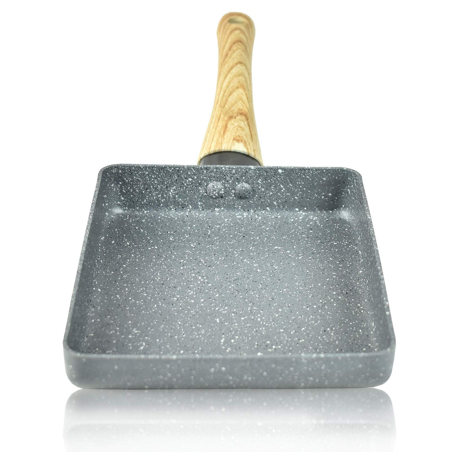 Artcome Japanese omelette pan with non-stick coating. Includes tamagoyaki plate, silicone spatula, and brush. Available in gray.