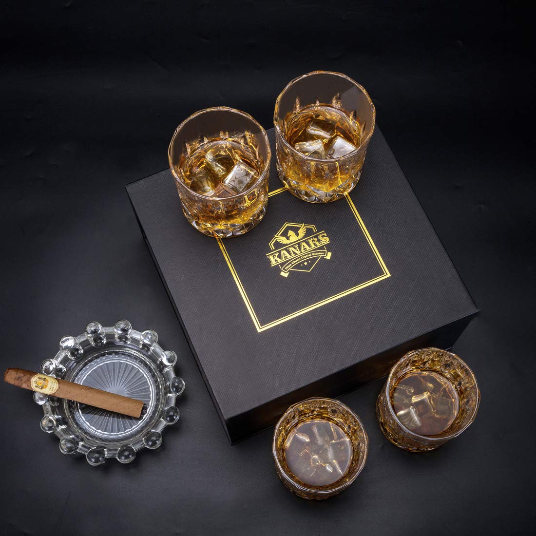 KANARS 4-piece Whiskey Glasses Set, Lead-Free Crystal Glasses, 300ml Capacity, Beautiful Gift Box, High Quality.