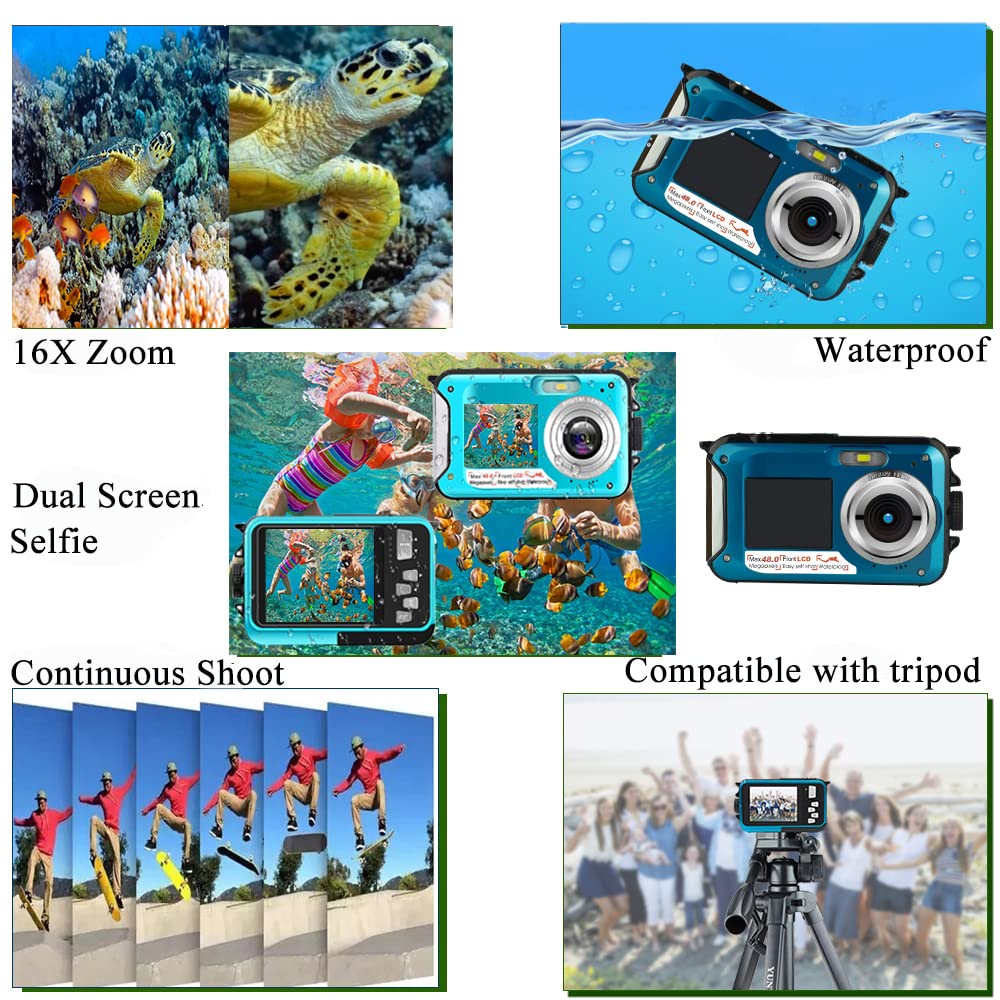 Underwater Camera Full HD 2.7K 48MP 10FT Camera Waterproof Dual Screen 16X Digital Zoom Snorkeling Waterproof Digital Camera for Selfie Underwater, Swimming, Vacation