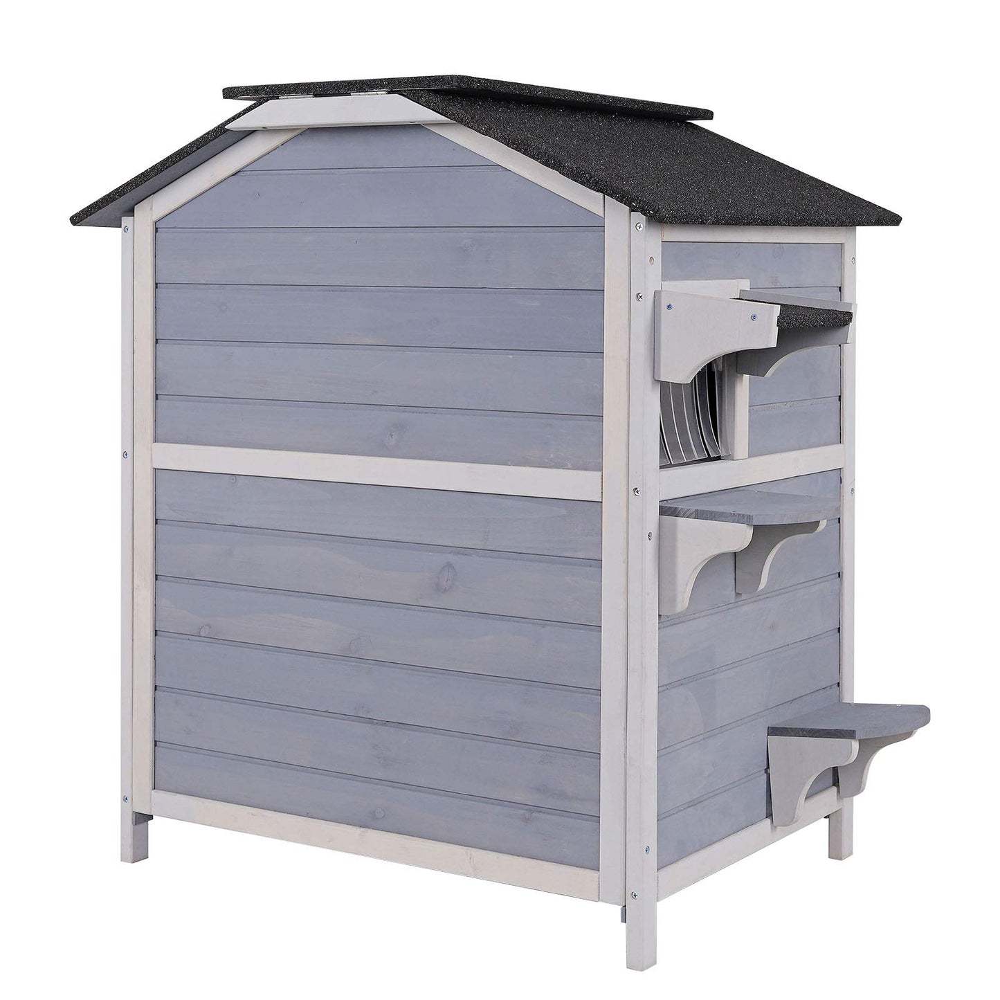 Lionto cat villa made of fir wood with bitumen roof for indoor and outdoor use, two-story cat house with steps, 80x55x90 cm, slatted curtain and windows, suitable for large cats, gray/white.