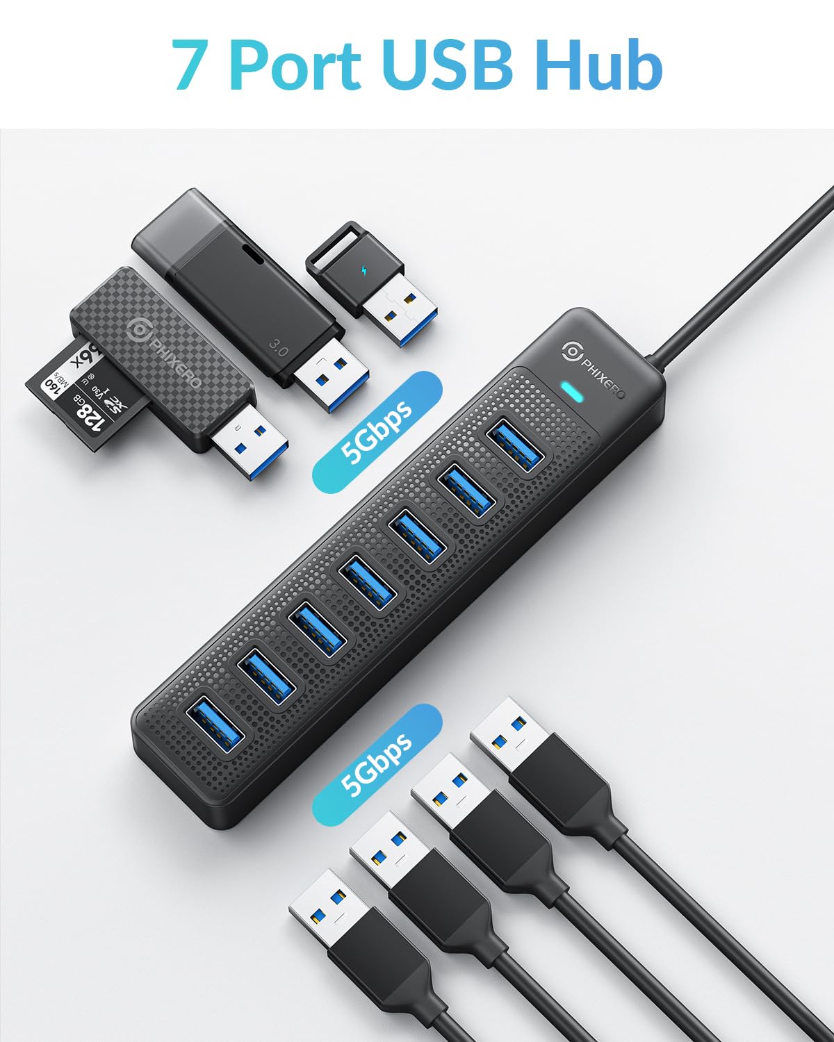 PHIXERO 7 Port USB Hub, 100CM Long Cable USB 3.0 Hub USB Distributor Adapter, Super Speed 5Gbps Data Hub, Compatible with All USB Port Devices