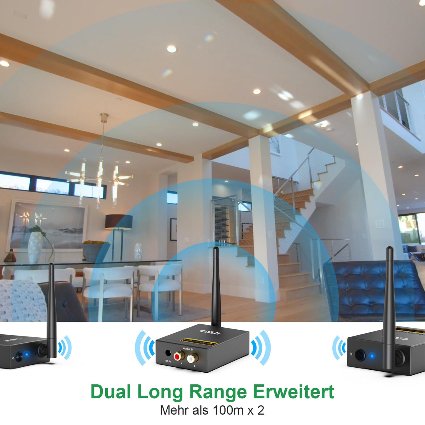1Mii 3-in-1 Audio Transmitter Receiver, Wireless Transmitter and 2 Receivers, 2.4G Low Delay, 100m Long Range from TV/PC to Active Speaker/Subwoofer/Stereo, RCA Output/Input.