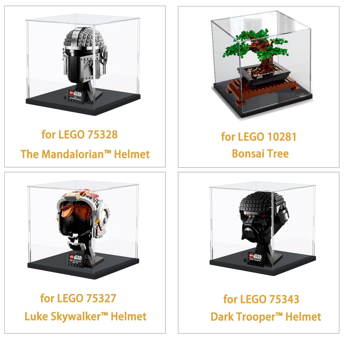 Acrylic display case for Lego 10309 21265 75328 76428 Helmet, glass showcase acrylic box transparent cube for figure collector's toys with wood-plastic base, black interior 20x20x20 cm