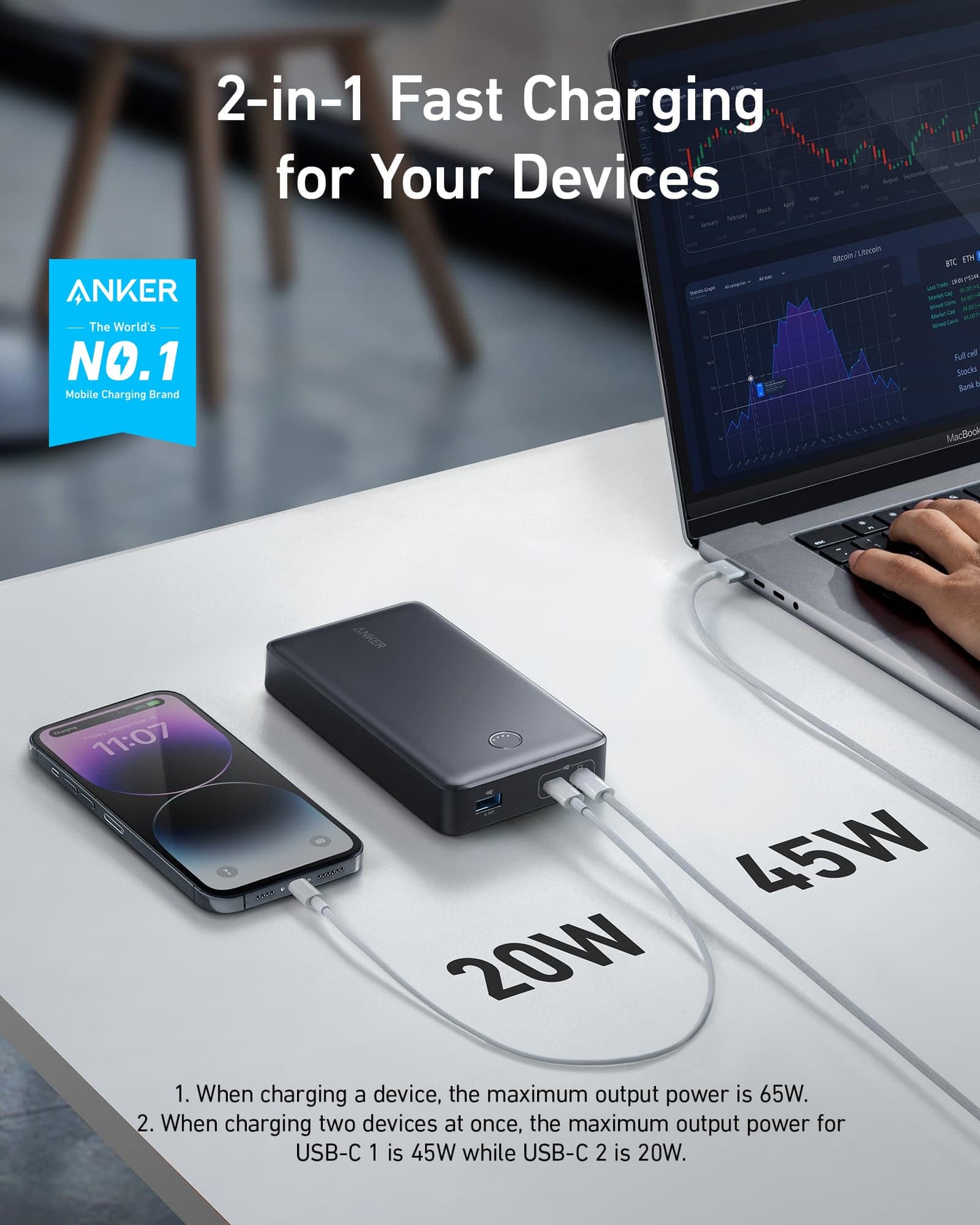 ANKER 537 Powerbank (PowerCore 24K for Laptop), 24,000mAh 65W, portable charger for MacBook Pro, Dell XPS, Microsoft Surface, iPad Pro, iPhone 16/15/14/13 Pro, iWatch Series 5, and more (Black)