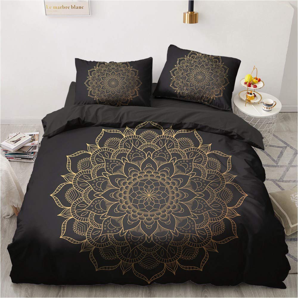 Luowei Boho bedding 135x200 black gold mandala pattern bedding set microfiber vintage bohemian duvet cover with zipper and 1 pillowcase 80x80 cm