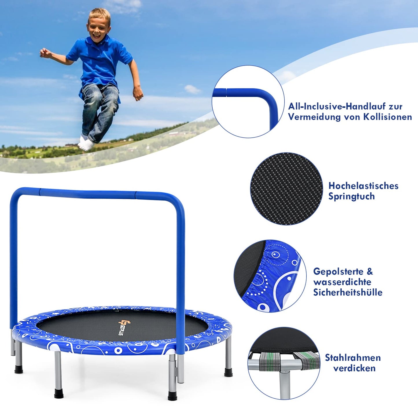 GOPLUS 92cm Children's Mini Trampoline with Handle, Foldable Garden Trampoline up to 150kg load capacity, Kids Trampoline for Indoor & Outdoor & Garden, sturdy Safety Trampoline for Toddlers (Blue)