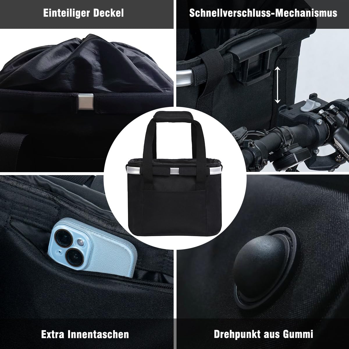 Pynhoklm Foldable Waterproof Bike Basket. Removable handlebar basket for small items, perfect for commuting, outdoor activities, and shopping. Comes with bike accessories.