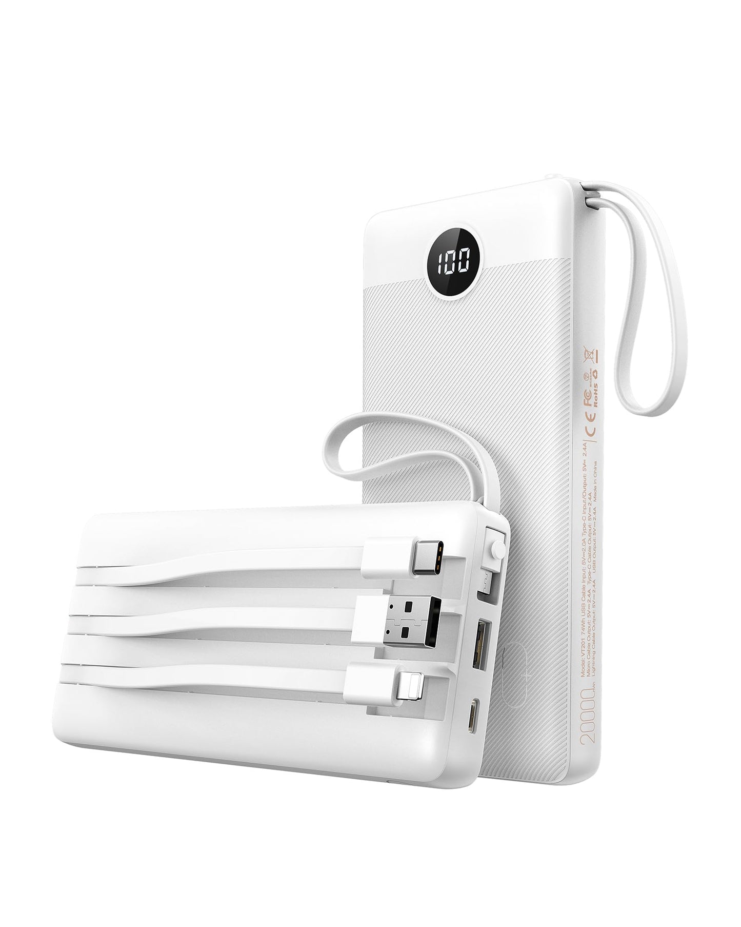 VEEKTOMX Powerbank 20000mAh Power Bank with built-in cables USB C External Portable Phone Chargers with 5 Outputs & 2 Inputs Travel Gadgets Battery Pack Compatible with iPhone, Samsung, Huawei, Xiaomi, iPad