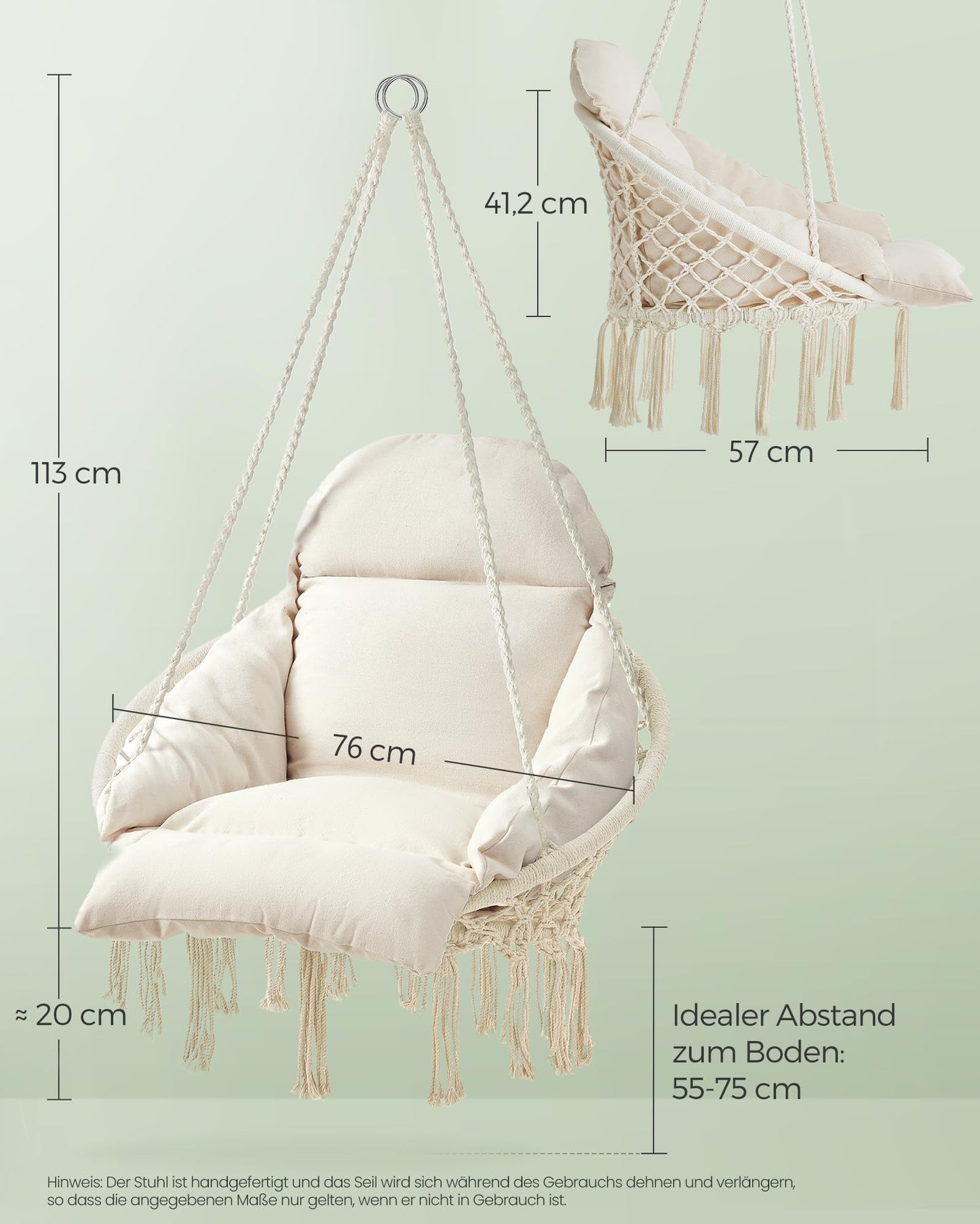 SONGMICS Hanging Chair, Swing Chair, Hammock Chair, Thick Cushion, Scandinavian Style, for Living Room, Patio, Garden, Balcony, Holds up to 120 kg, Accessories Included, Cream White GDC042M01