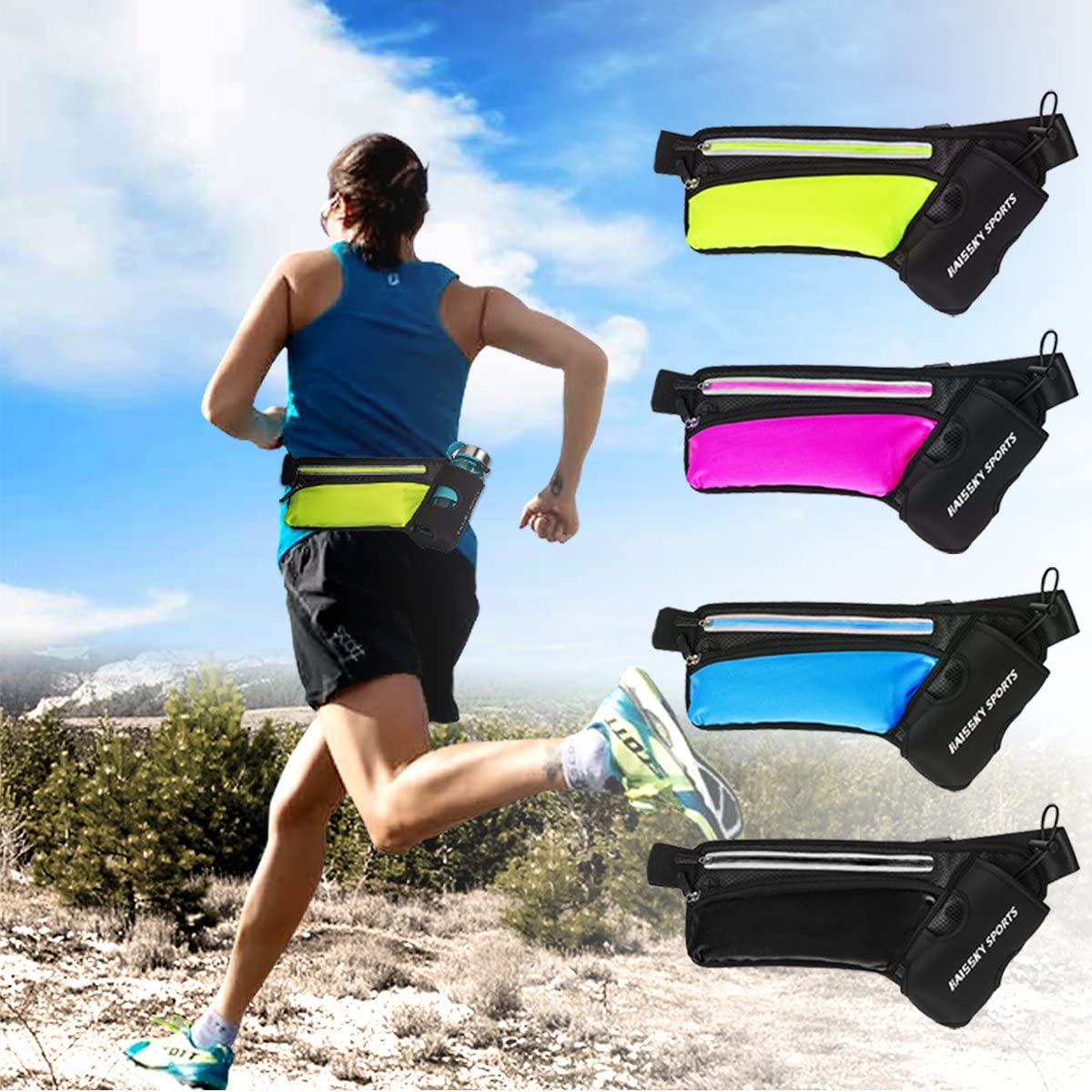 Guzack waist bag for water bottle, sports waist pack for outdoor fitness like cycling, hiking, and walking. Running belt fits phones up to 7.0", bottle not included.