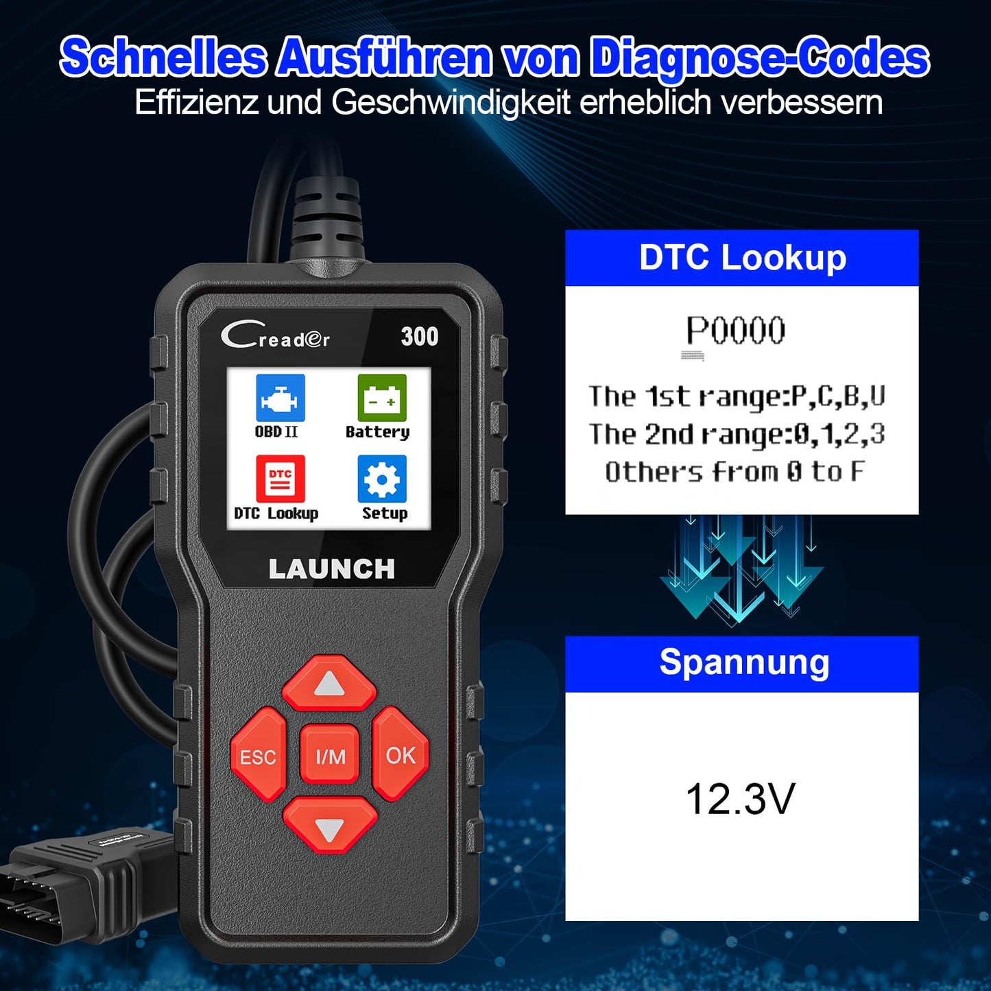 OBD2 diagnostic device for car LAUNCH CR300 Scanner for all vehicles, European diagnostic scan tool after 2000, A car diagnostic device in German for BMW VW Mercedes Audi All OBDII vehicles.