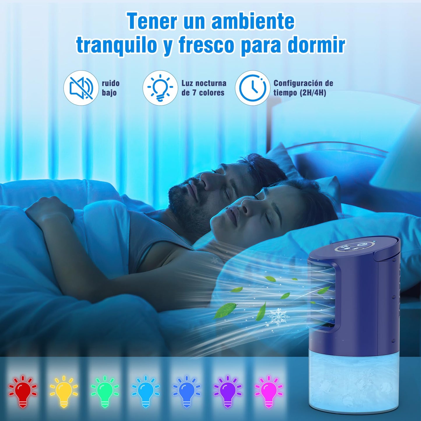 Air Cooler Blue 5-in-1 Portable Air Conditioner with Air Cooling, Fan & Humidifier 3 Speed Levels, 7 Colors LED Lighting Quiet & Energy Efficient for Home, Office, Bedroom