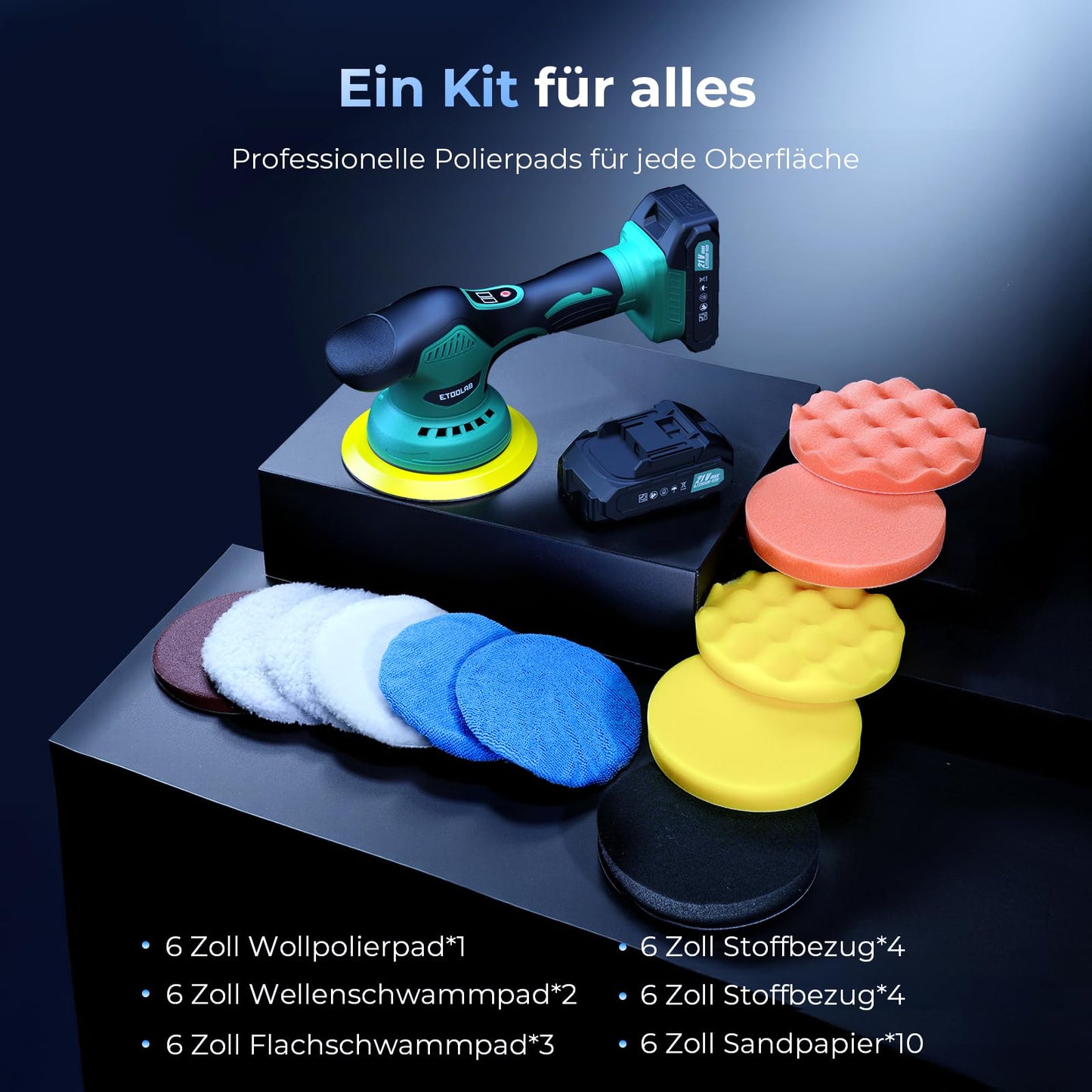 ETOOLAB Car Polisher Battery, Car Polisher Set 22 pcs, Eccentric polishers with 2 * 2.0Ah 21V Battery, 8 variable speeds, for car detailing, Headlight Restoration Set