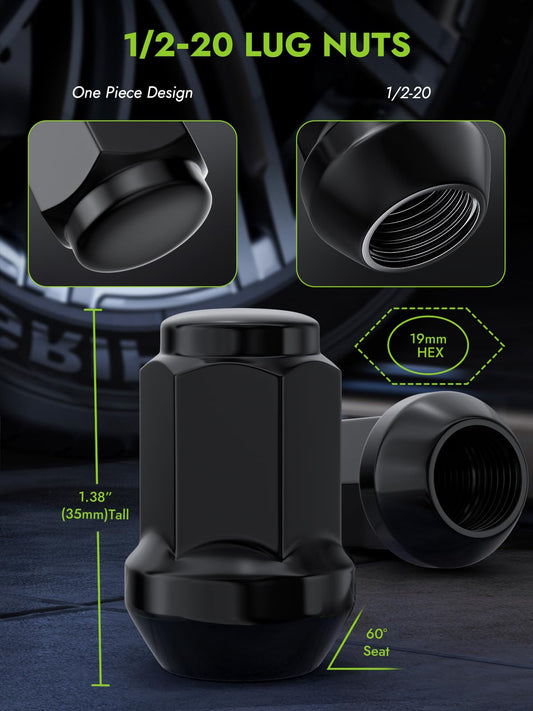 Automotive Parts 1/2-20 Wheel Nuts - Replacement for Jeep Wrangler JK, 2002–2012 Liberty, 1993–2010 Grand Cherokee, black, 19mm hex, 3.5cm tall, 1/2-inch-20 closed end, aftermarket wheel nuts (20)