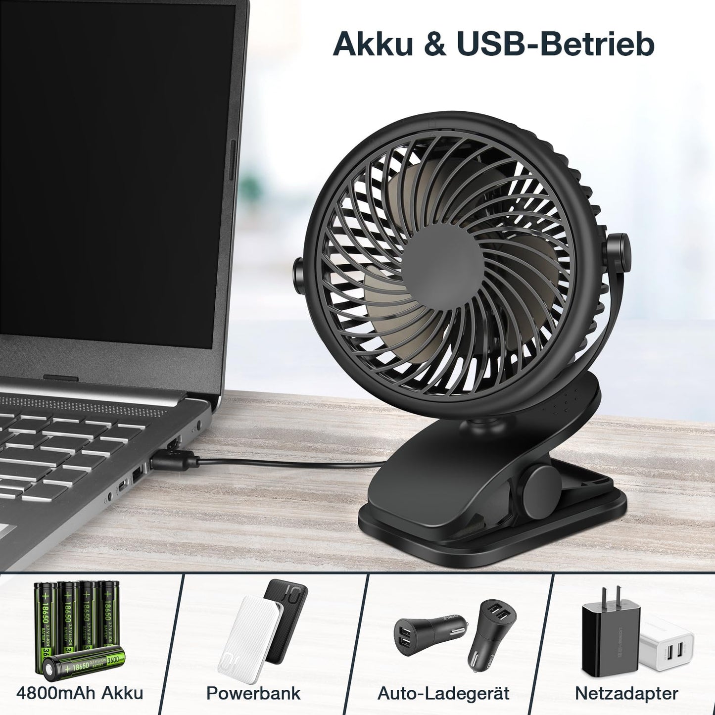 GMGXX USB fan, Portable 4800mAh battery fan, Mini fan with clip & 3 speeds, 720° rotatable fan quiet for bedroom, office, car, camping, stroller