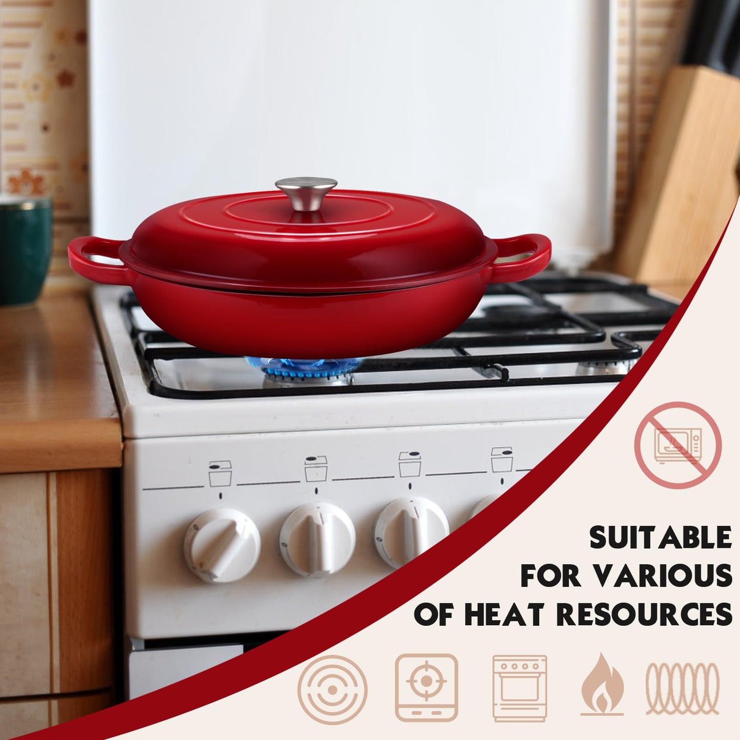 Overmont Dutch Oven Cast Iron Pot 30cm - Enamel Roaster with Lid oven suitable - with cooking book - for kitchen baking stewing roasting Red