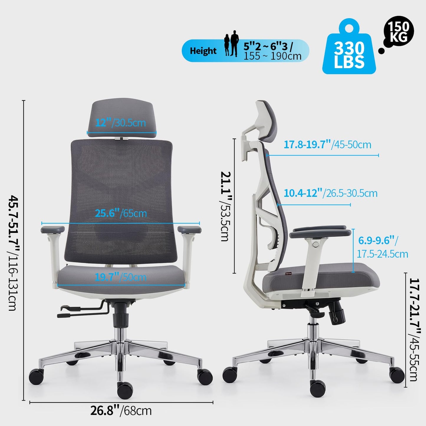 HOLLUDLE ergonomic office chair with adaptive backrest, desk chair with 4D armrests, adjustable seat depth, lumbar support, and 2D headrest, breathable mesh executive chair, White
