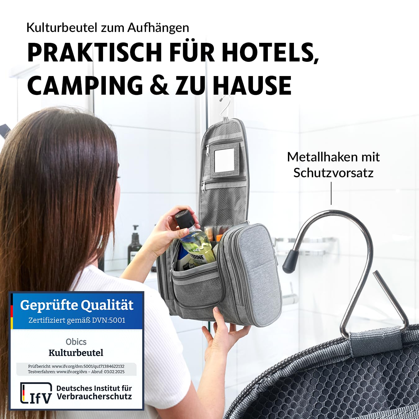 Obics toiletry bag men & women large grey 8L XL - toiletry bag with mirror & hanging hook - bathroom bag with handle - cosmetic bag large - travel toiletry bag 10 compartments for camping travel