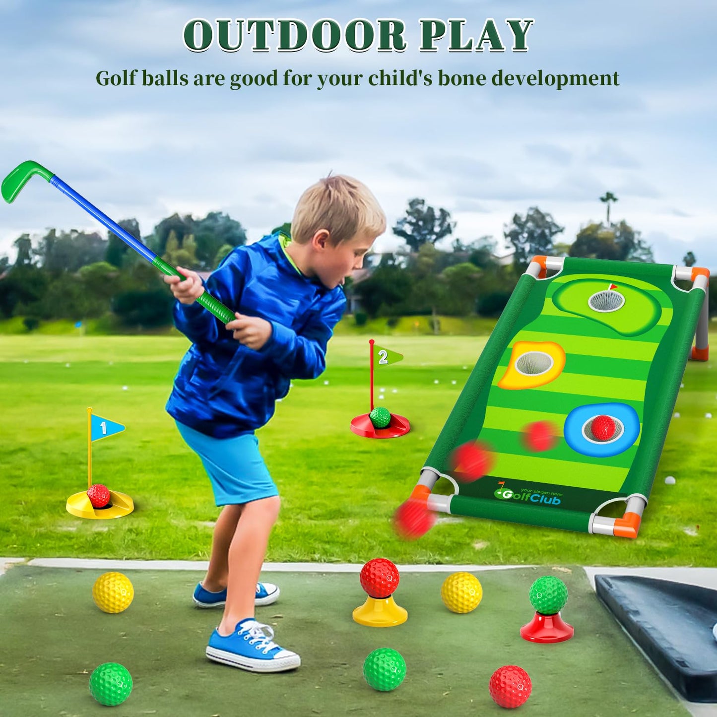 Doloowee Kids Golf Clubs, 2 in 1 Toddler Golf Set with Golf Board, Putting Mat, 6 Balls, Indoor Outdoor Sports Toy Birthday Gifts for Boys Girls 3 4 5 6 Years Old
