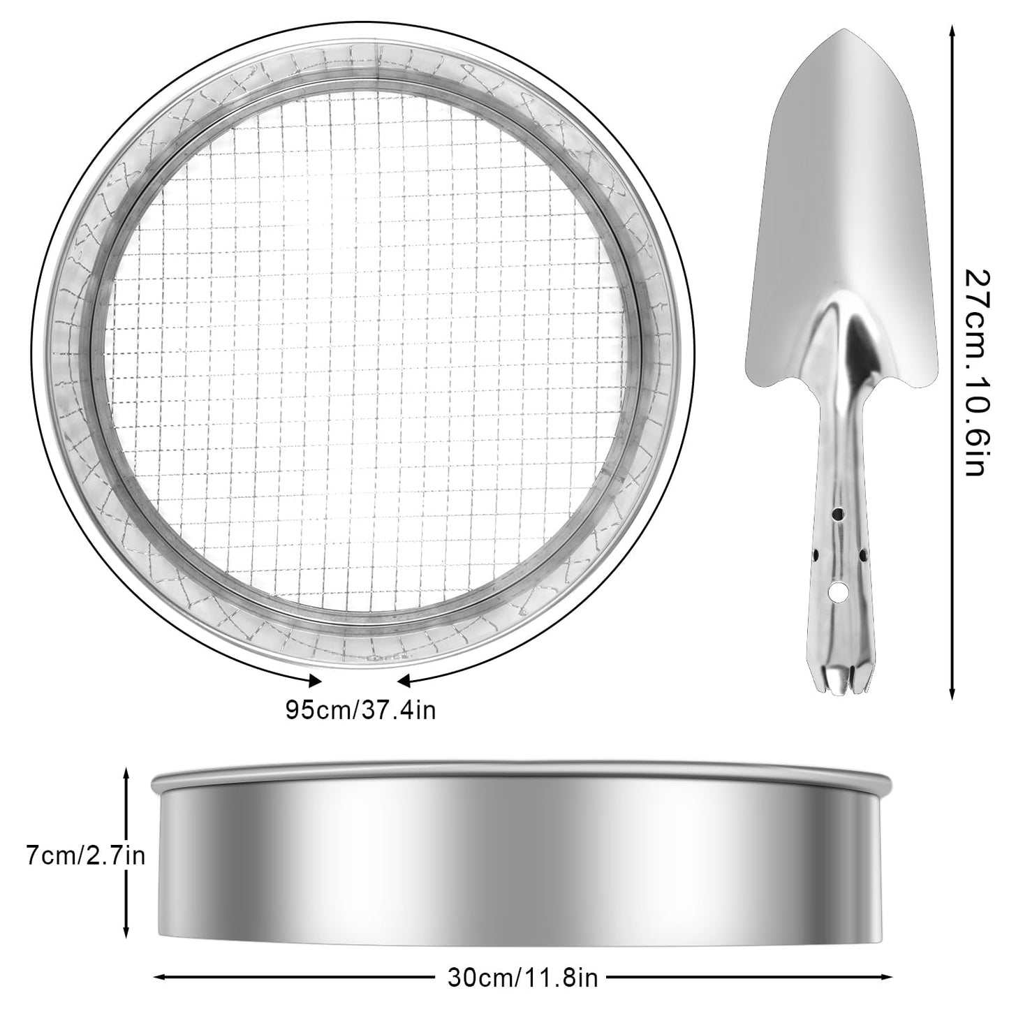 Jazlyvex 30 cm garden sieve with 5 interchangeable, stainless steel compost sieves for sifting soil, compost, and sand, includes a garden shovel.