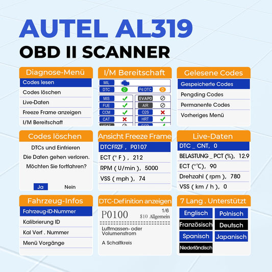 Autel AutoLink AL319 OBD2 diagnostic tool, one-click I/M readiness test, full OBD2 functions, car reader for all vehicles, German car diagnostic scanner, upgraded in 2024.