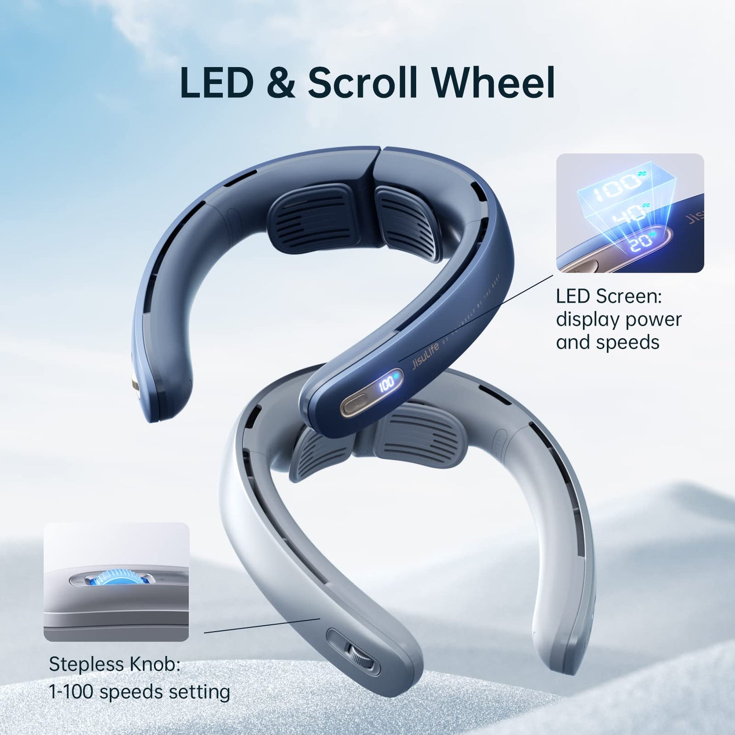 JISULIFE Portable Neck Fan Pro with 100 speeds, bladeless design, portable fan, stepless button, LED display, rechargeable personal 5000mAh in blue.