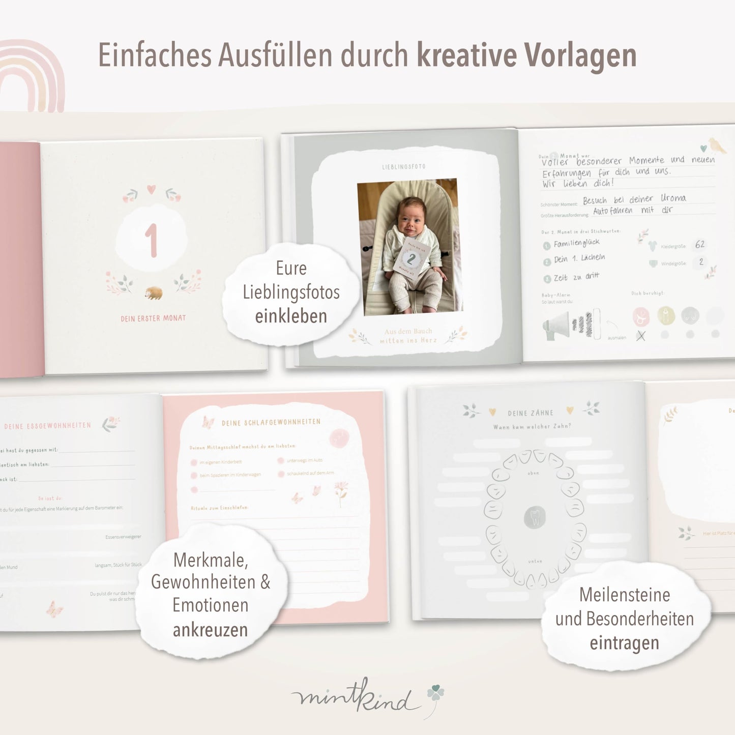 mintkind® Baby Album "My First Year" Flower + Sticker Set | Baby Photo Album for Personalization | Baby Gift for Girl and Boy | Baby Book for Memories | Baby Journal from 0 Months