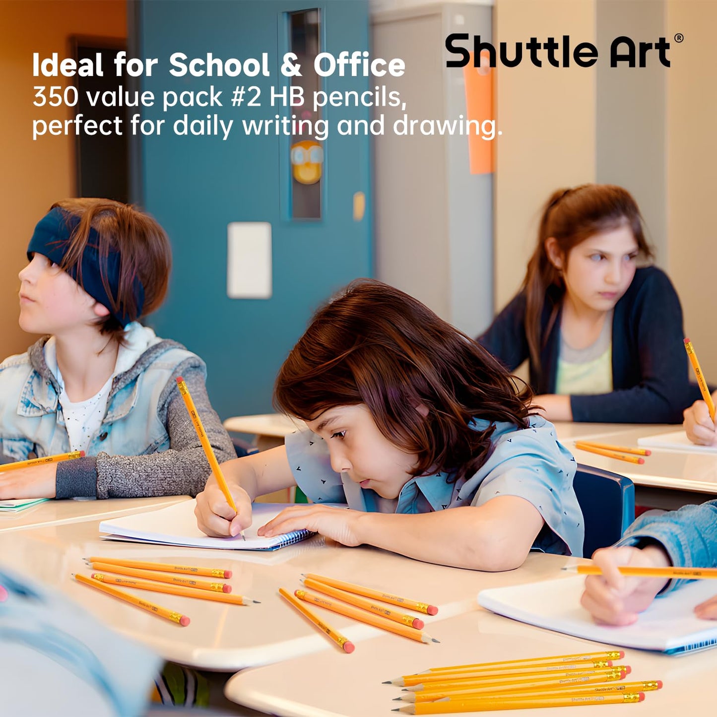 Shuttle Art HB pencils, 350 sharpened yellow pencils with eraser, graphite pencils in bulk packaging, classroom supplies for writing, drawing, and sketching.