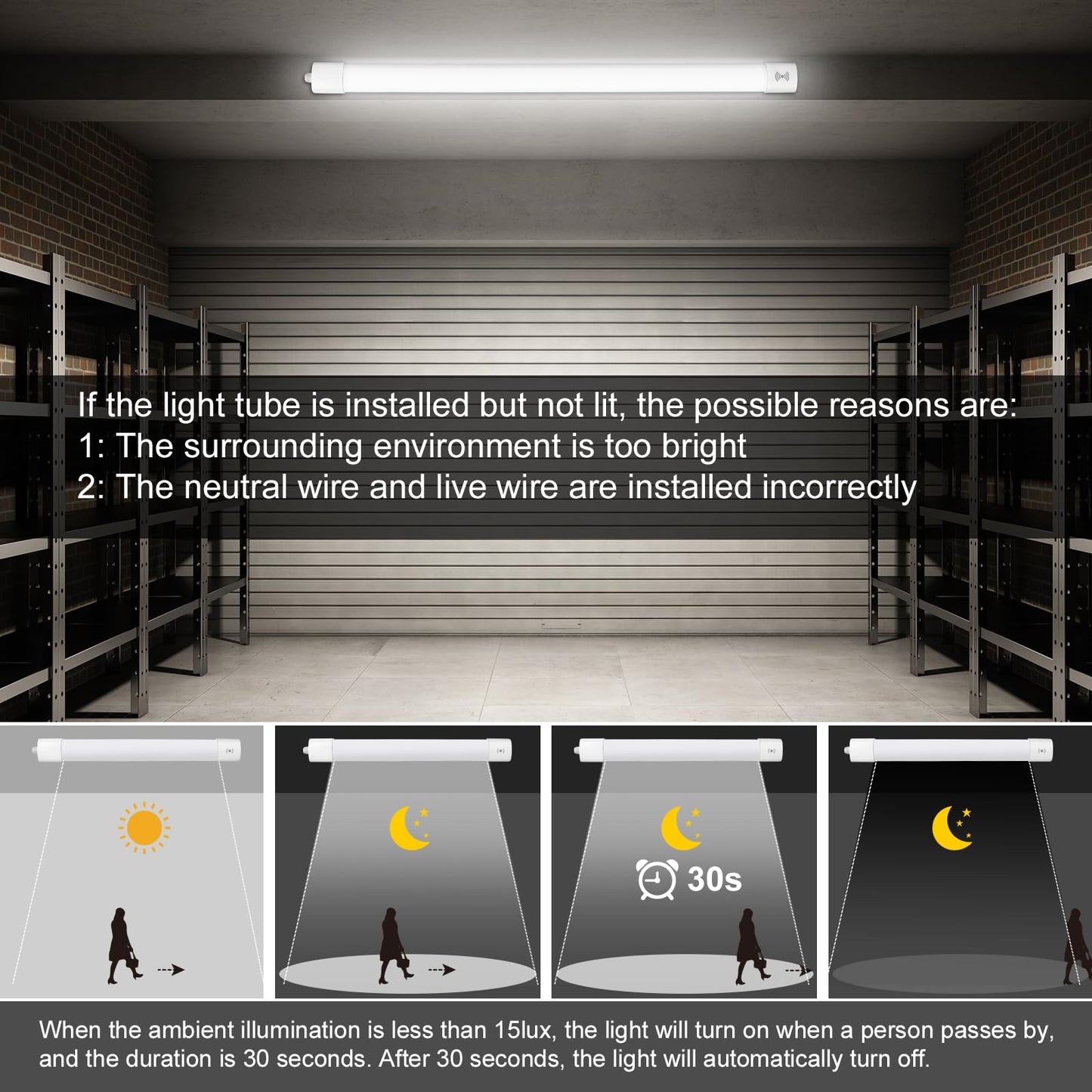 LEOEU 36W LED moisture-proof luminaire with motion sensor, 3950LM 120CM LED tube, IP65 waterproof basement luminaire, ceiling light with motion sensor for office hallway stairs garage storage room, 4000K