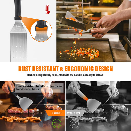 MUJUZE stainless steel grill spatula set, gift for men dad plancha spatula grill accessories in case, professional pancake turner grill spatula accessory for teppanyaki and camping.