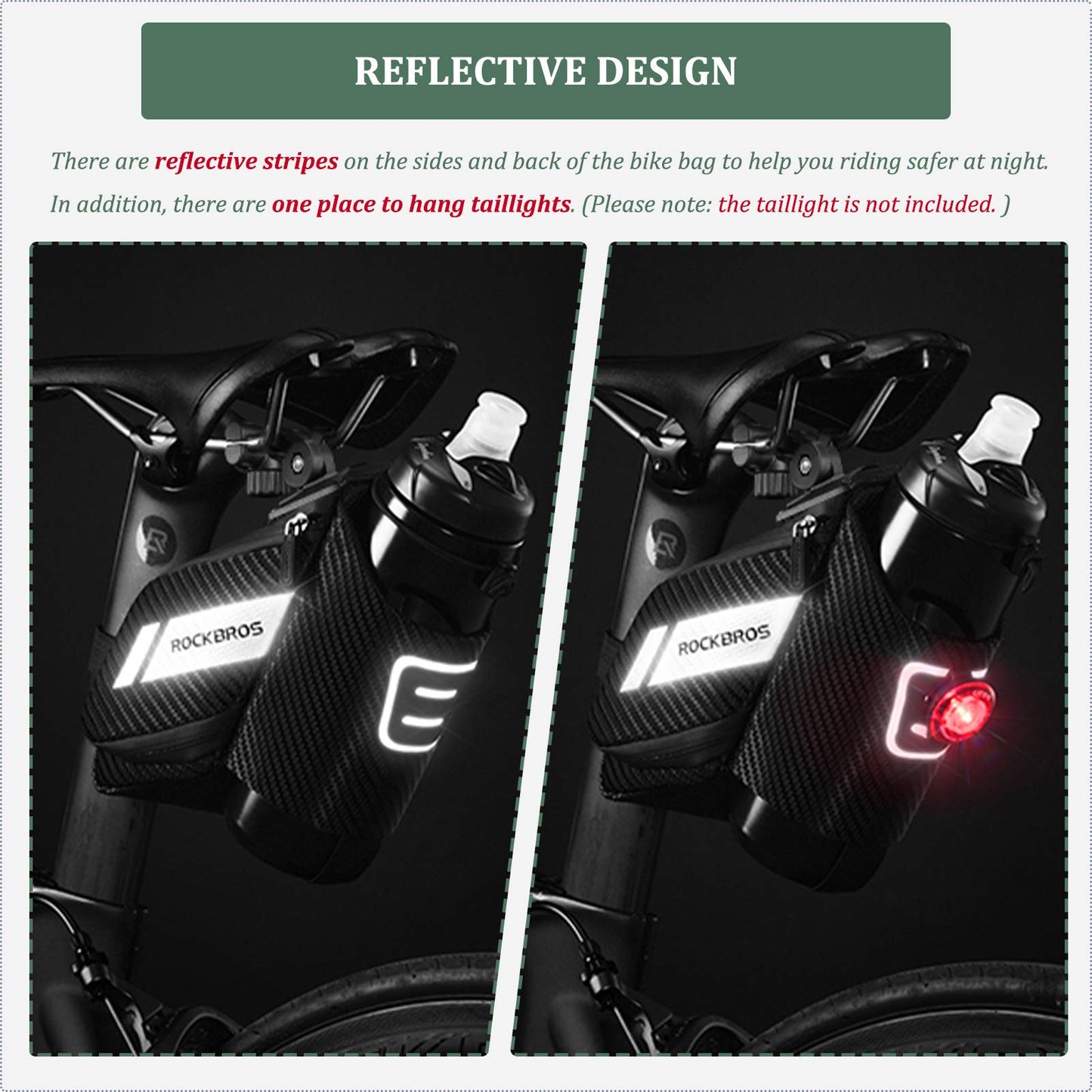 ROCKBROS bike saddle bag with bottle holder, reflective, suitable for MTB, road bike, folding bike. Black, approx. 1L capacity.