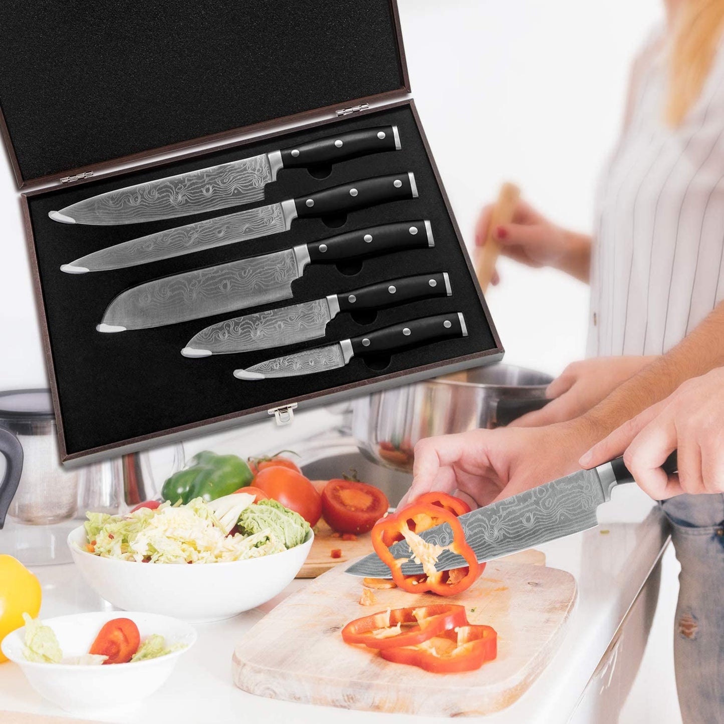 HUIKAILI Knife Set, Professional Stainless Steel Kitchen Knife Set, Sharp, Non-Slip, Frosted Handle, with Chef's Knife, Knife Sharpener, 2 Santoku Knives, and Paring Knife