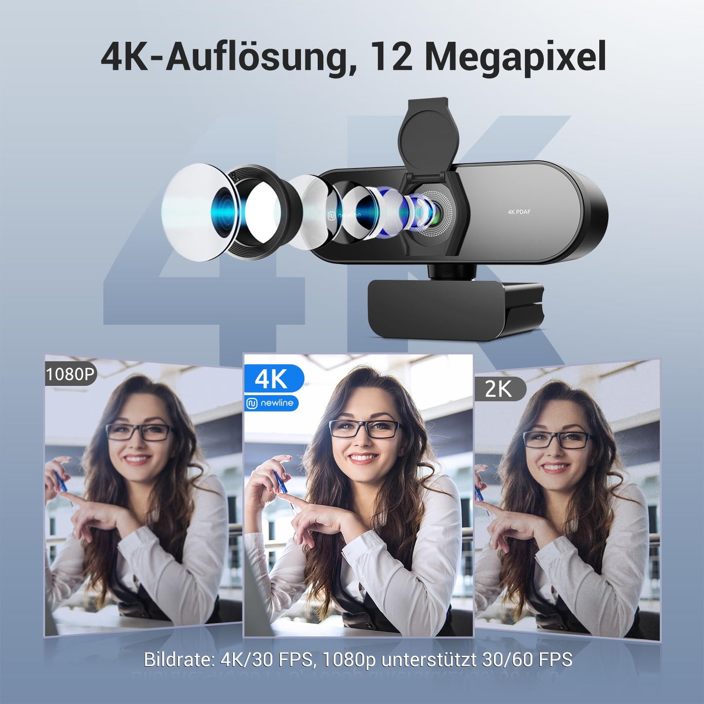 N newline 4k webcam with 2 microphones, 12 megapixels, instant dual PDAF/CDAF autofocus, 1080p@60FPS, clear stereo sound, automatic light correction, USB PC camera for Windows MacOS streaming.