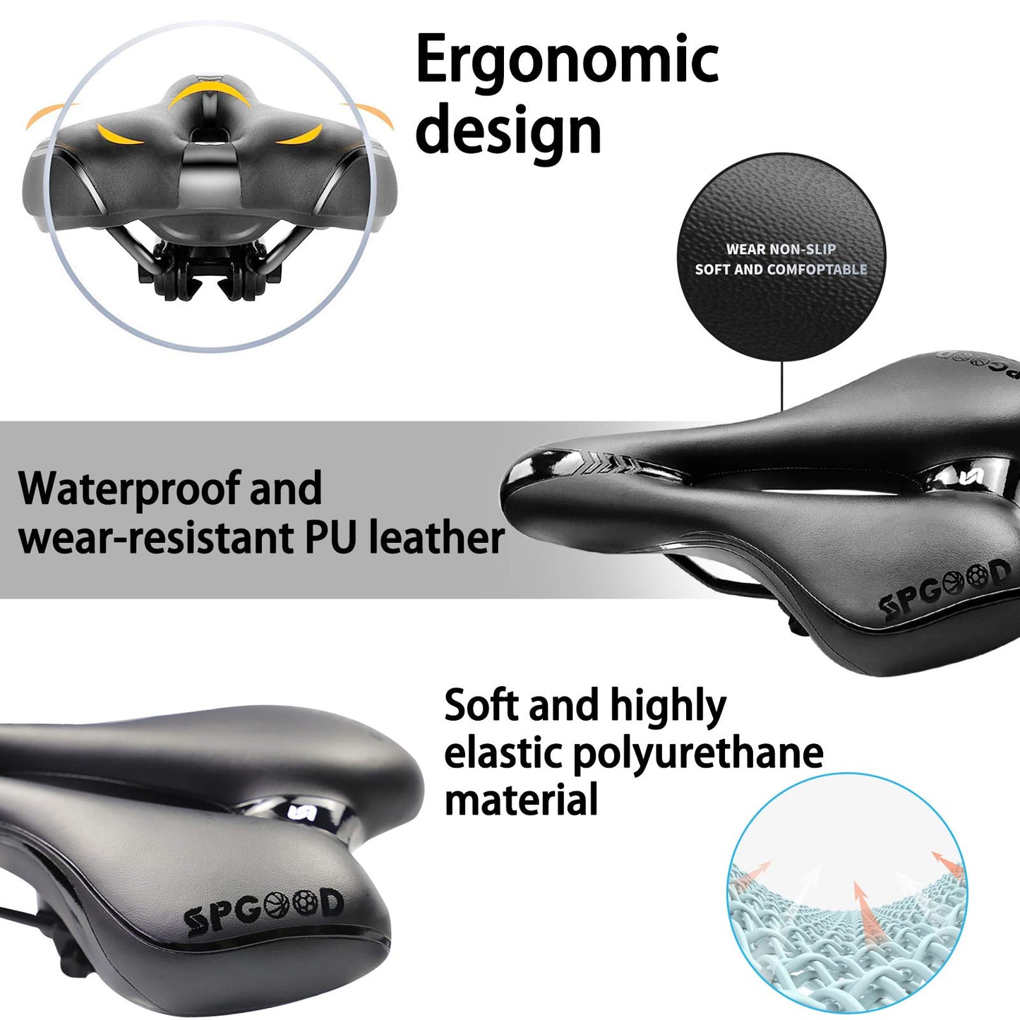 SPGOOD Bike Saddle Men Women Comfortable Wide Soft Gel Ergonomic Bicycle Seat with cover & wrench for Mountain Bike MTB Trekking Road Bike Indoor Cycling E-Bike Bicycle Seat 27*16cm