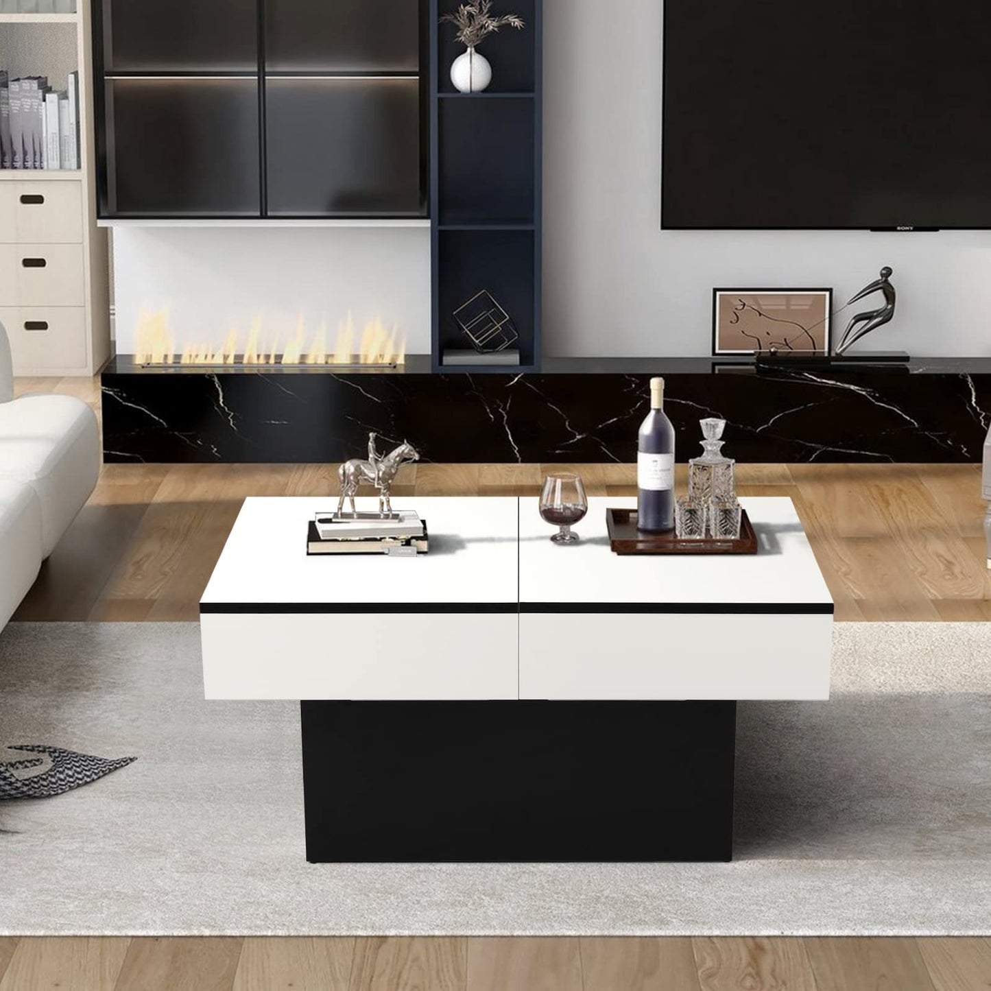 VOWNER Coffee Table, Modern Coffee Table, Extendable Desk, Living Room Table with 2 Storage Spaces, High Gloss Finish, Living Room Table 129 x 58 x 40 cm (White)