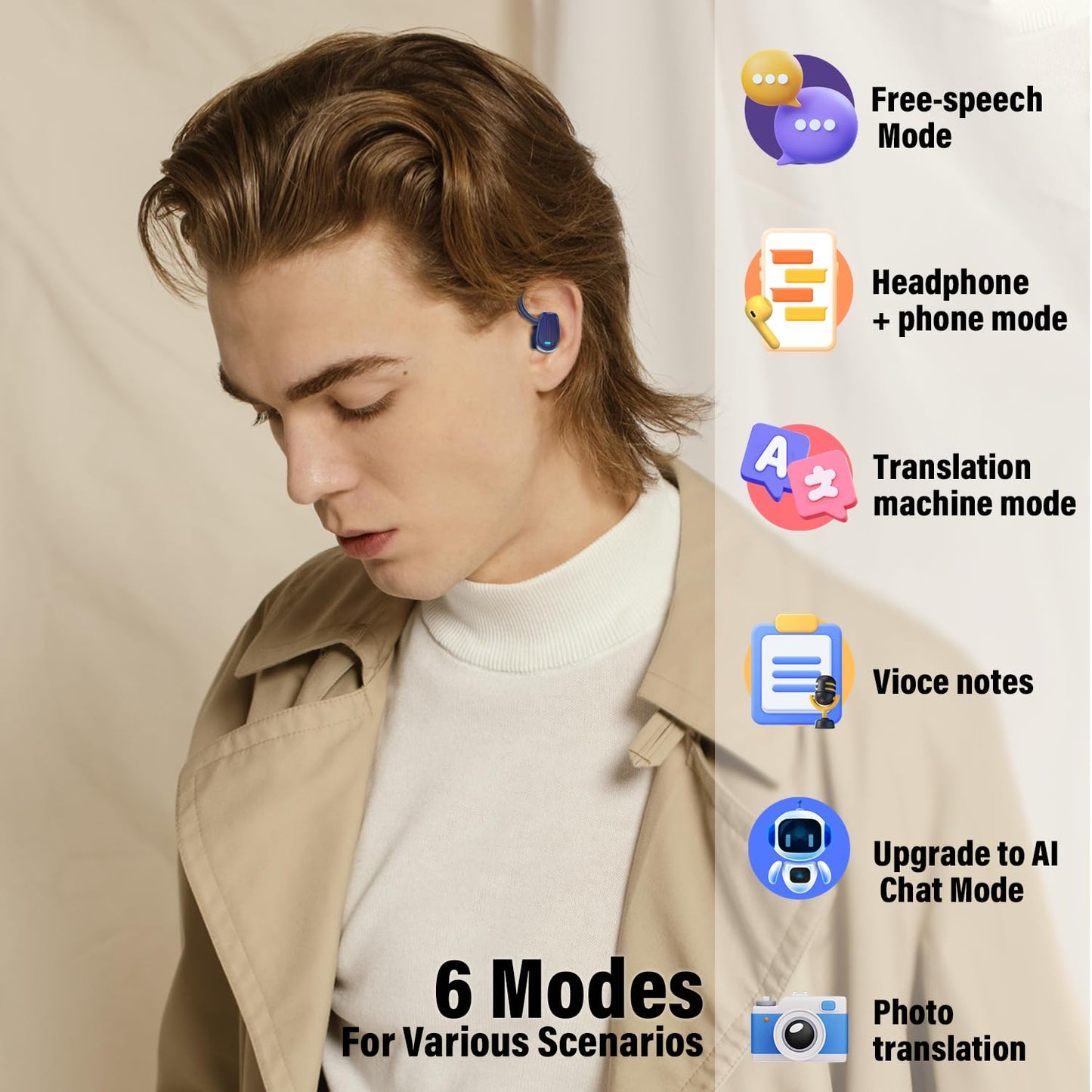 OYIB AI headphones translator, 6 translation modes with app, 50-hour Bluetooth 5.4 translator headphones with ENC Mic