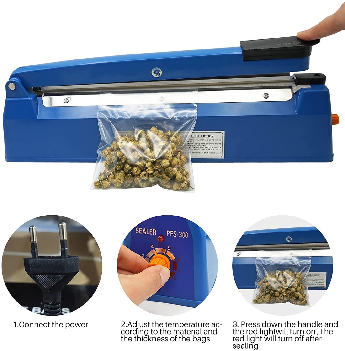 MOGOULUA 300 mm heat sealer foil sealing machine with 3mm sealing width. Bar sealer with temperature control for sealing food in Mylar, PP, and PE bags.