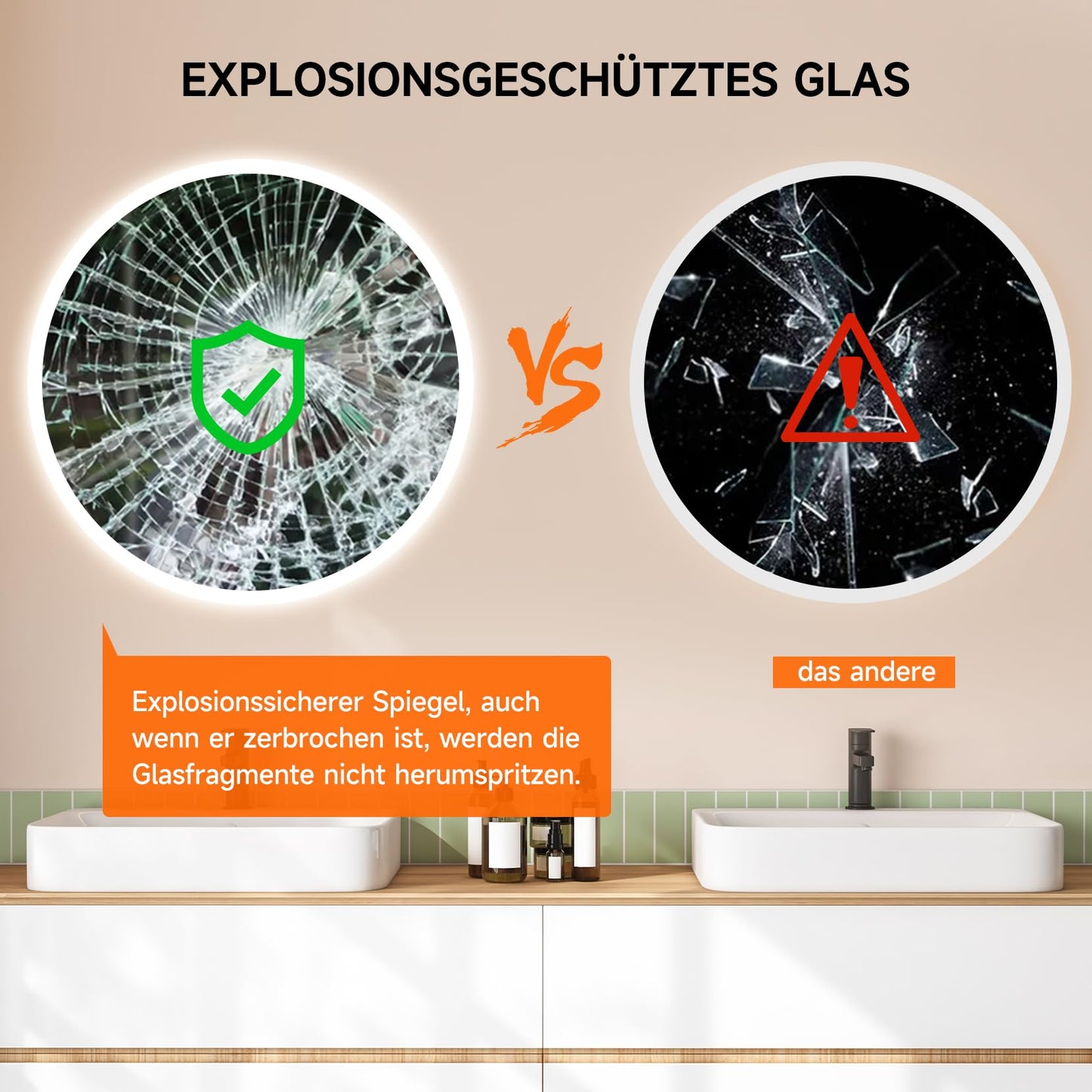 YOLEO round bathroom mirror with lighting, LED mirror with touch switch, LED fog-free bathroom mirror, 3 adjustable light colors, 50x50cm.