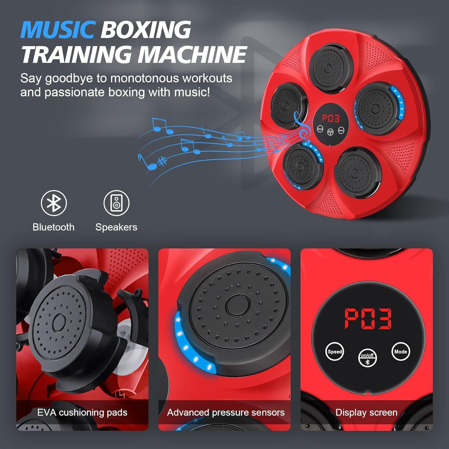 INMORVEN Music Box Machine, Punching Bag Kids Wall Mount for Boxing Equipment 15.7 Inches, Smart Electronic for Home, Focus Agility Training for Kids and Adults (Red)