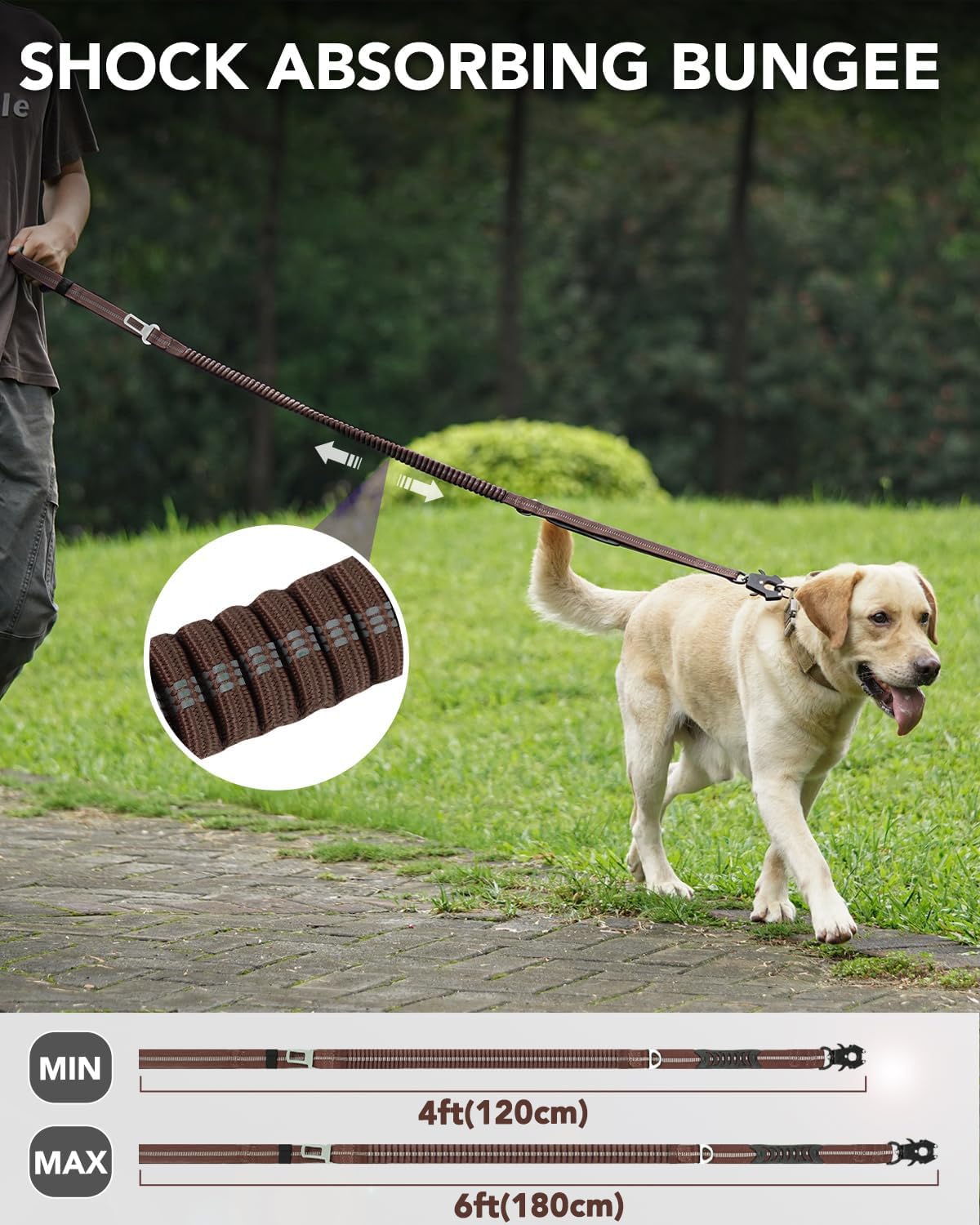 Joytale Tactical Dog Leash, 1.2m-1.8m Bungee Dog Leash Reflective with 2 Padded Handles, Car Safety Belt, No-Pull Dog Leash for Medium, Large, X-Large Dogs, Brown