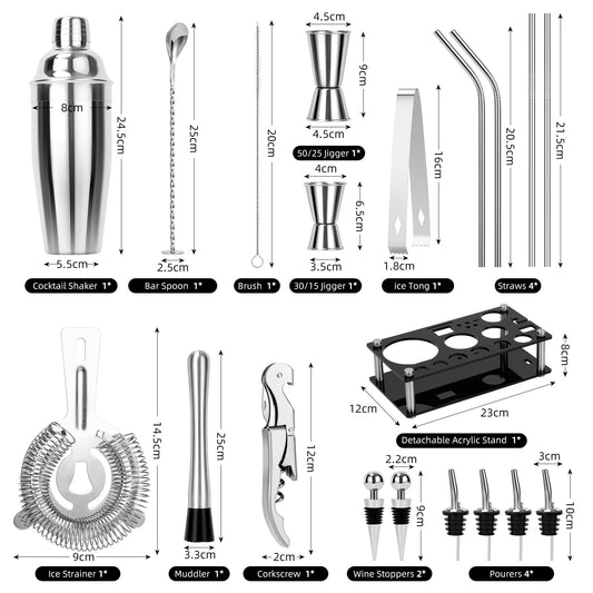 Cinnani Cocktail Set 20-piece - Professional Mixing Set with Stand and Bar Accessories - Shaker and Bartender Set made of Stainless Steel - Gift Set