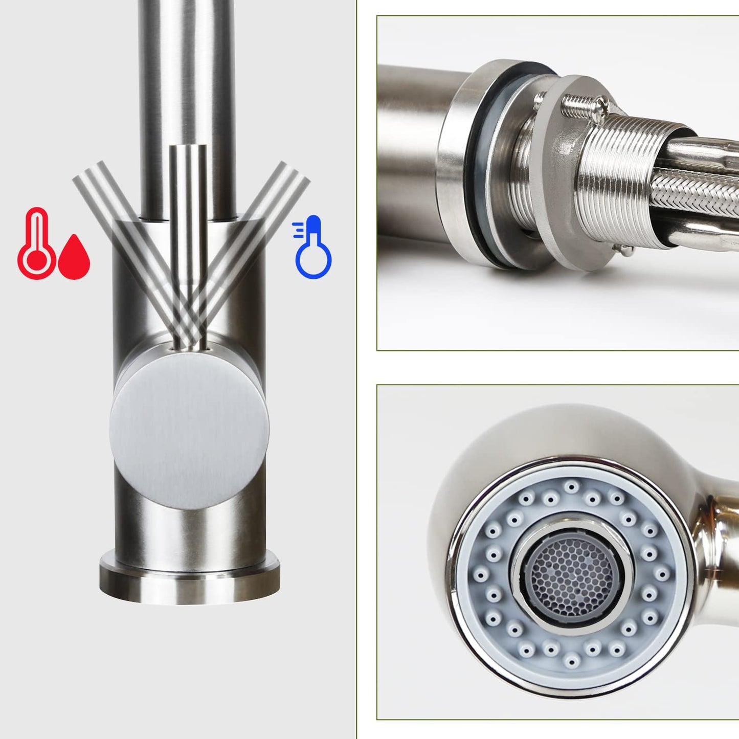 Wall-mounted kitchen faucet with pull-out sprayer: Brushed stainless steel faucet with hand shower mixer tap sink faucet with 2 spray modes 360° rotatable kitchen tap for sink garden bathroom