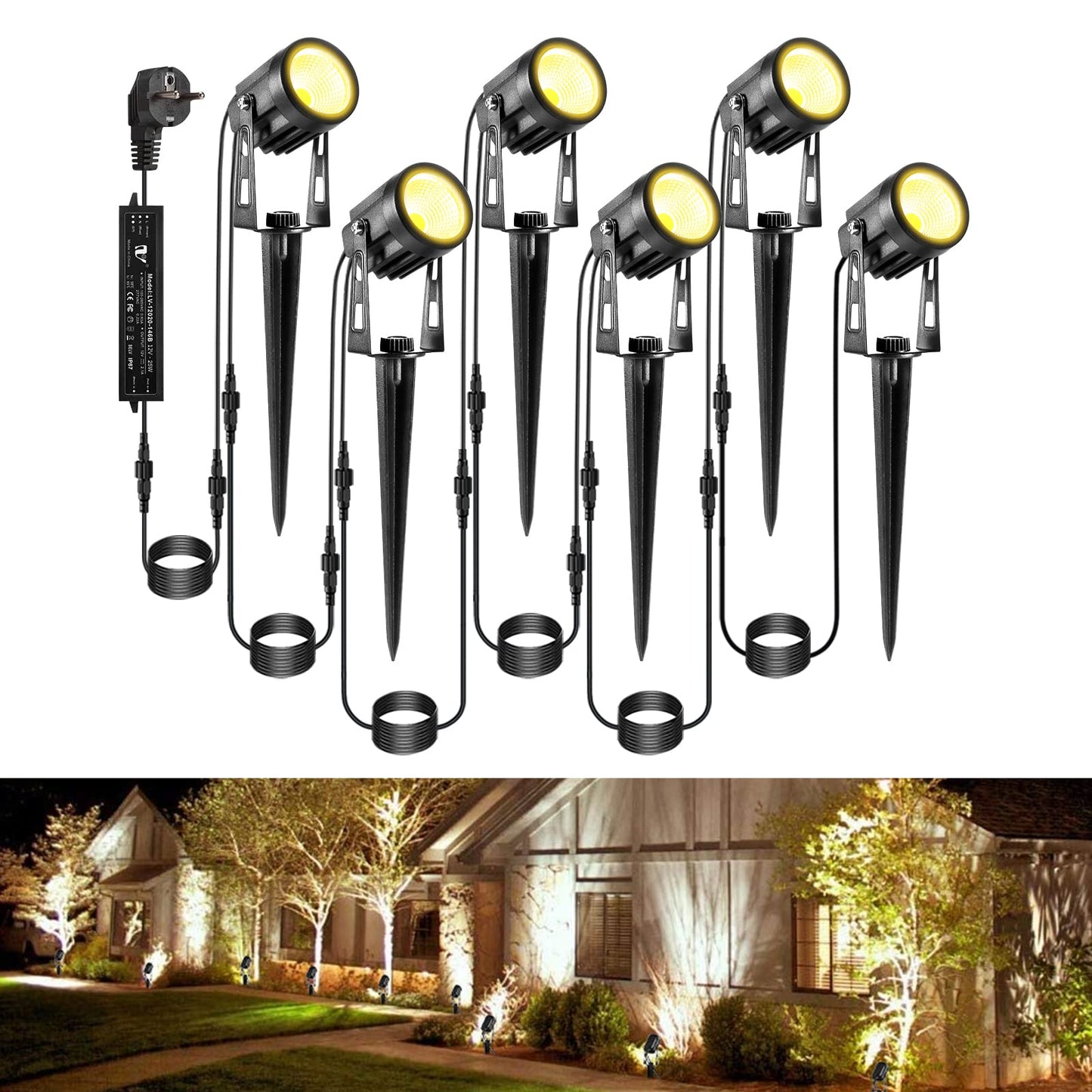 Greenclick Garden Lighting LED, 6 Set 1800LM 21m Cable Garden Lighting with Power, IP65 Waterproof Garden Light with Ground Stake, Garden Spotlight Warm White COB Garden Lamp for Outdoor Lawn Path Pond.