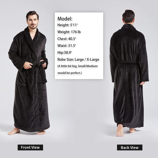 FashGudim Men's Bathrobes large in full length Plush Fleece long robe Shawl Collar warm Winter Men's Bathrobe (Black, XXL)
