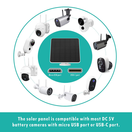 Solar panel for outdoor surveillance camera battery, 6W USB solar module compatible with DC 5V rechargeable battery security camera, camera solar module with adjustable wall mount.
