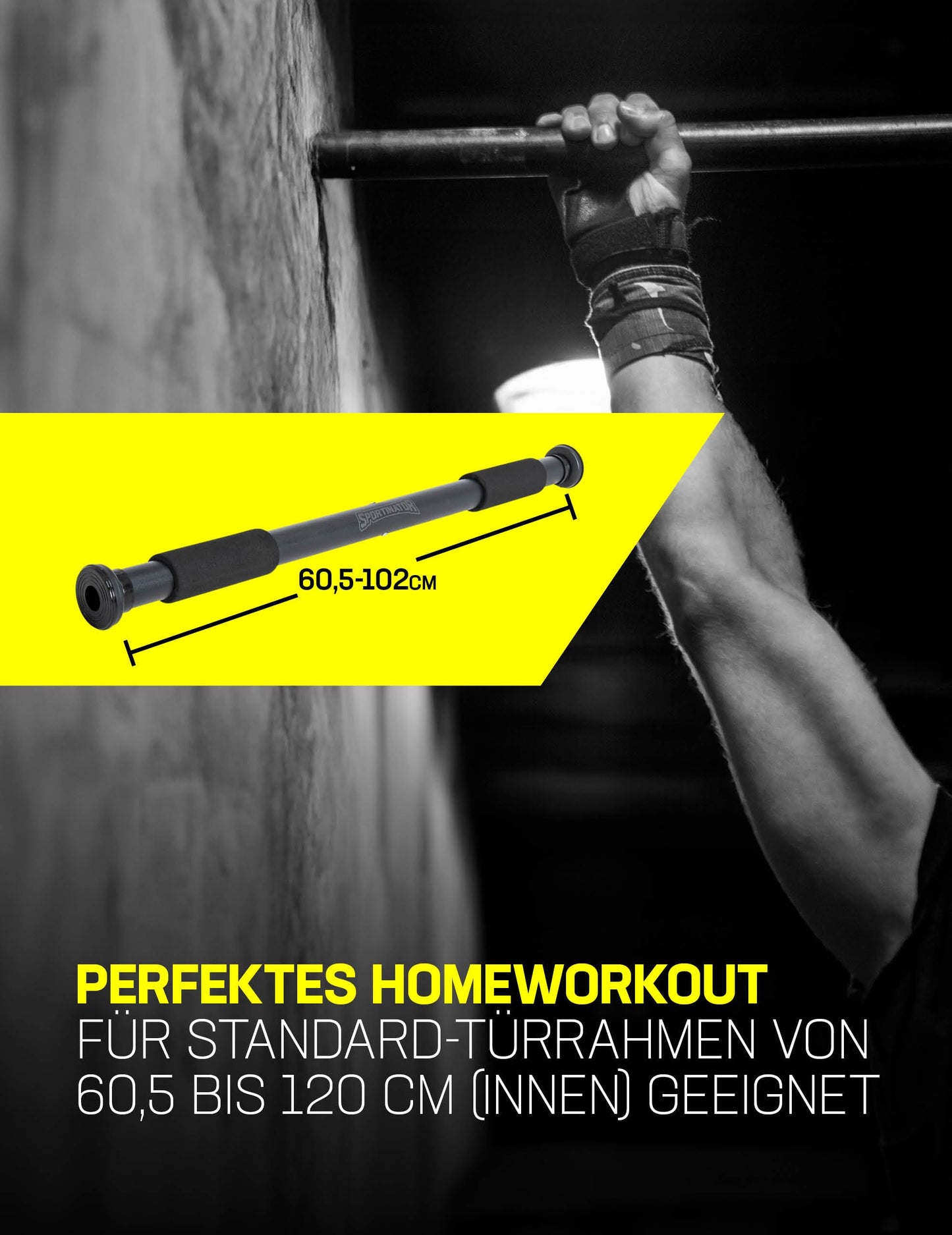 SPORTINATOR® Doorway Pull-Up Bar for your home gym. Length 60-102 cm, compact, safe & easy to install without drilling, supports up to 150 kg.