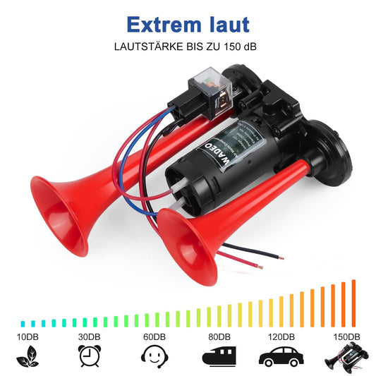 WADEO 12V Truck Horn 118db, Super Loud Dual Horn Car Horn with Compressor, Air Horn Air Horn Loud Horn Kit for all 12V vehicles, cars, trucks, trains, boats, cars, vans (Red)