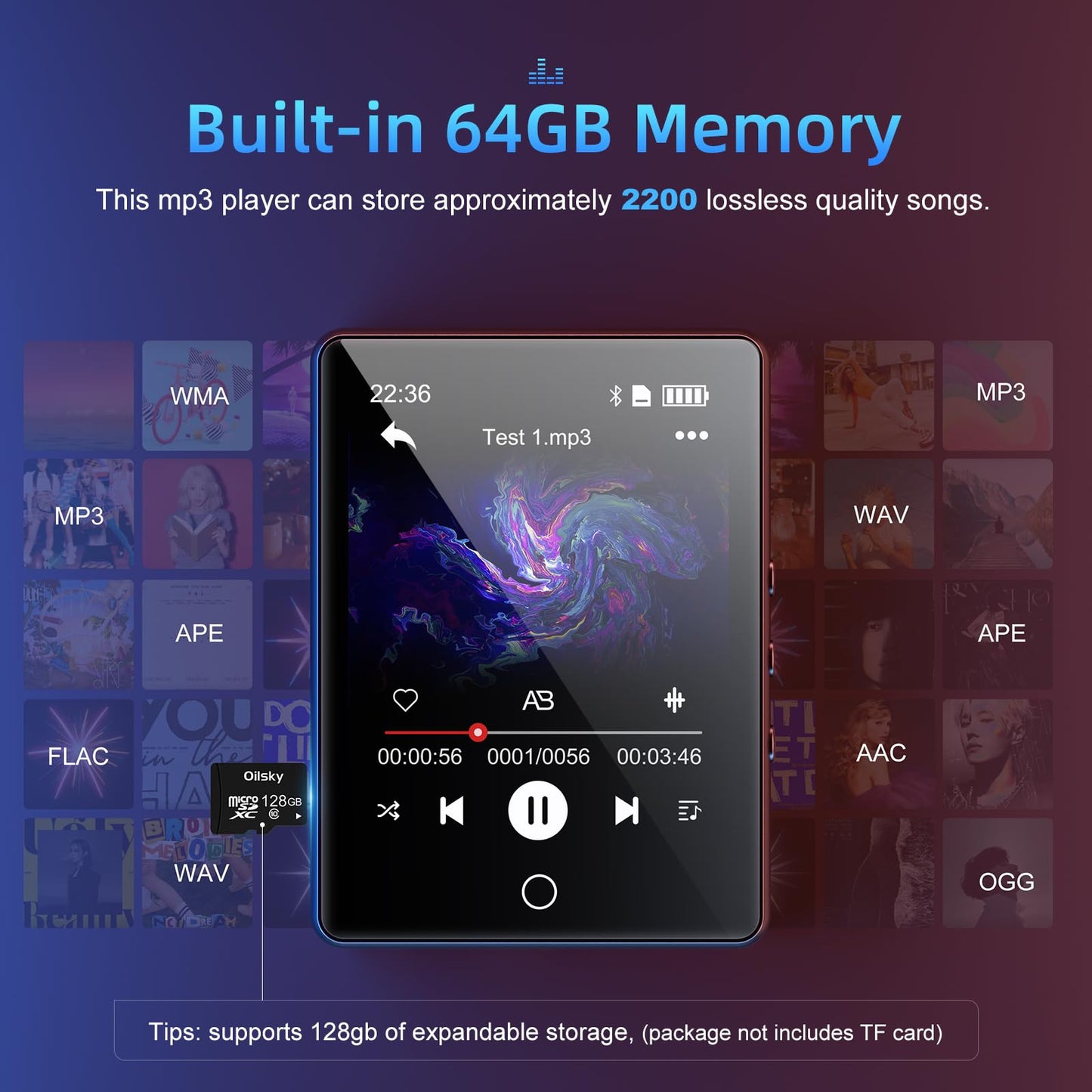 64GB MP3 Player Bluetooth 5.0, Oilsky Kids MP3 Player with Headphones, 2.8" Touchscreen Music Player with Speaker, Portable MP3 Digital Audio Player with FM Radio, E-Book (Black)