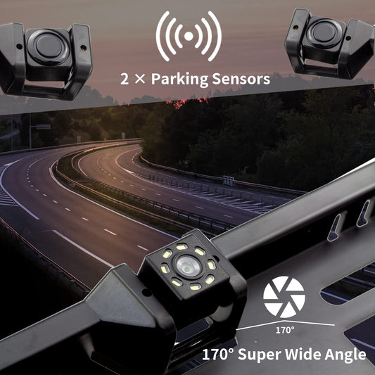 Rear view camera license plate holder with 2 parking sensors + LED distance display, 8 lights rear view camera, 170° wide angle, IP67 waterproof.